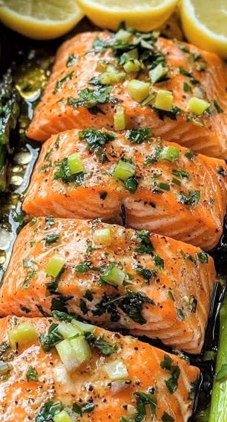 Garlic Butter Roasted Salmon with Asparagus